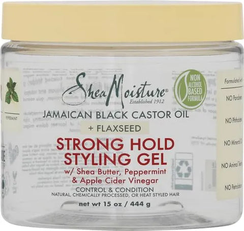 SheaMoisture Strong Hold Styling Gel+Flaxseed Jamaican Black Castor Oil Gives Controlled Style,Infused With Castor Seed Oil,SheaButter & Indulgent Scent ParabenFree AntiFrizz Hair Gel 15oz (Pack of 2)