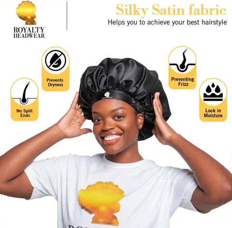 Royalty Headwear Silk Satin Bonnet for Women - Adjustable Jumbo Extra Secure Non-Slip Satin Cap Silk Hair Bonnet for Sleeping