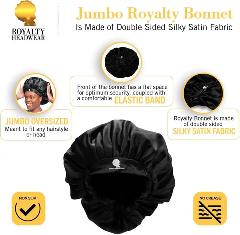 Royalty Headwear Silk Satin Bonnet for Women - Adjustable Jumbo Extra Secure Non-Slip Satin Cap Silk Hair Bonnet for Sleeping