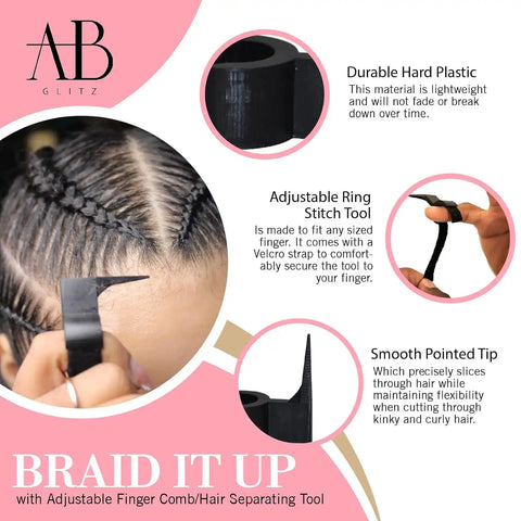Royalty Headwear The Braid Aid Adjustable Finger Tool - Stitch Braiding Tool, Lightweight Hair Separating Comb - Great for Any Hair Type - Pack of 4