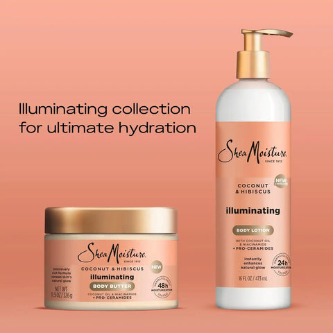SheaMoisture Illuminating Body Lotion with Coconut Oil, Hibiscus, Niacinamide and Pro-Ceramides, Instantly Enhancing Skin's Natural Glow, 24H Moisturizing 16 oz, (Pack of 2)