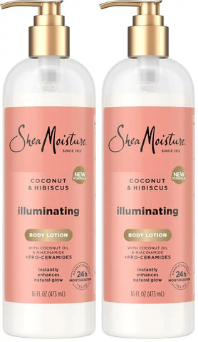 SheaMoisture Illuminating Body Lotion with Coconut Oil, Hibiscus, Niacinamide and Pro-Ceramides, Instantly Enhancing Skin's Natural Glow, 24H Moisturizing 16 oz, (Pack of 2)