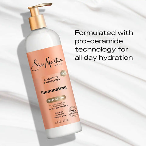 SheaMoisture Illuminating Body Lotion with Coconut Oil, Hibiscus, Niacinamide and Pro-Ceramides, Instantly Enhancing Skin's Natural Glow, 24H Moisturizing 16 oz, (Pack of 2)