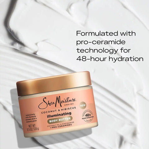 SheaMoisture Illuminating Body Butter with Coconut & Hibiscus, Niacinamide and Pro-Ceramides, Renewing Skin’s Natural Glow, 48H Moisturizing 11.5 oz,(Pack of 2)
