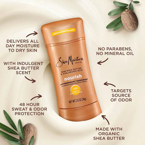 SheaMoisture Antiperspirant Deodorant Stick Moisturizing Raw Shea Butter & Hyaluronic Acid 2 Count for 48HR Sweat & Odor Protection with No Parabens & No Mineral Oil 2.6 oz