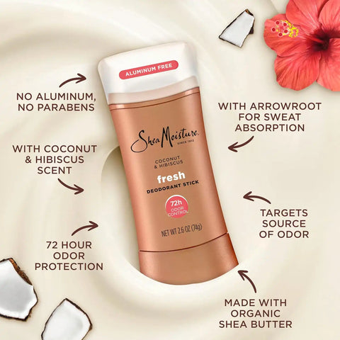 SheaMoisture Deodorant Stick 72h Odor Control Coconut & Hibiscus Fresh Aluminum Free 2.6 oz,(Pack of 2)